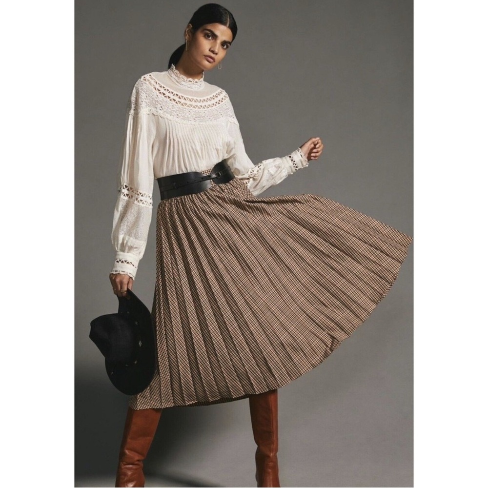 Scotch & Soda Pleated Brown Plaid Check Print Midi Skirt Women's S
